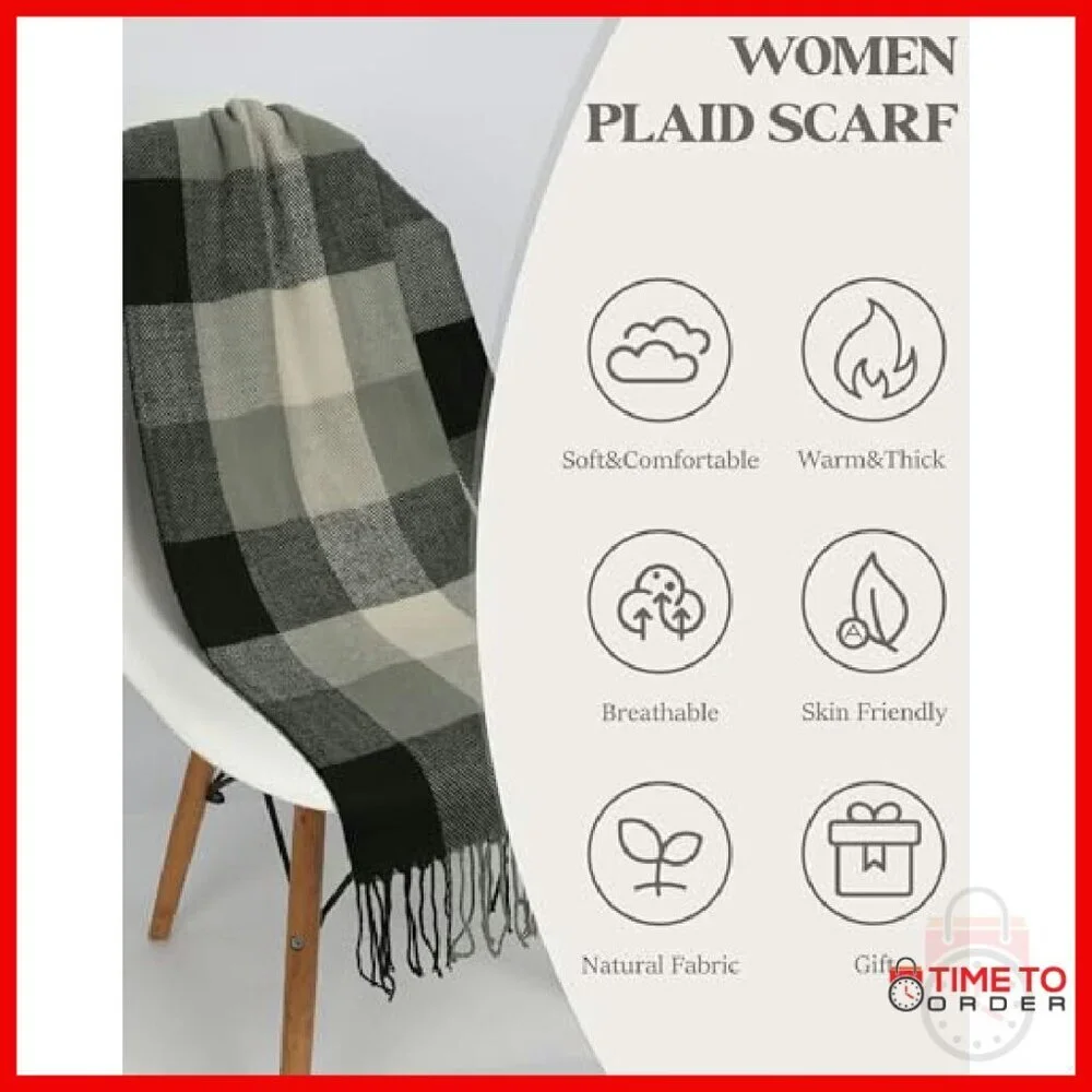 Oversized Plaid Winter Scarf Shawl Wrap Soft Warm Cashmere-Like Acrylic
